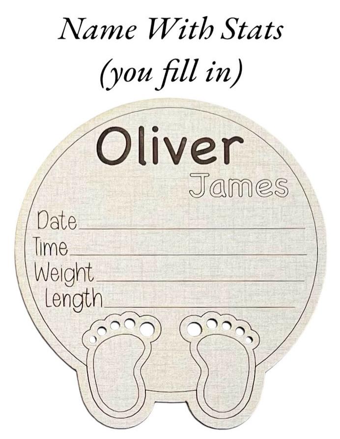 Art by Iceberg offers baby birth announcement wooden engraved personalized keepsakes. Color choices of linen or maple wood. Shown is the baby feet and toes style. Hello, world or engraved name at the top, with a birth stats area below.