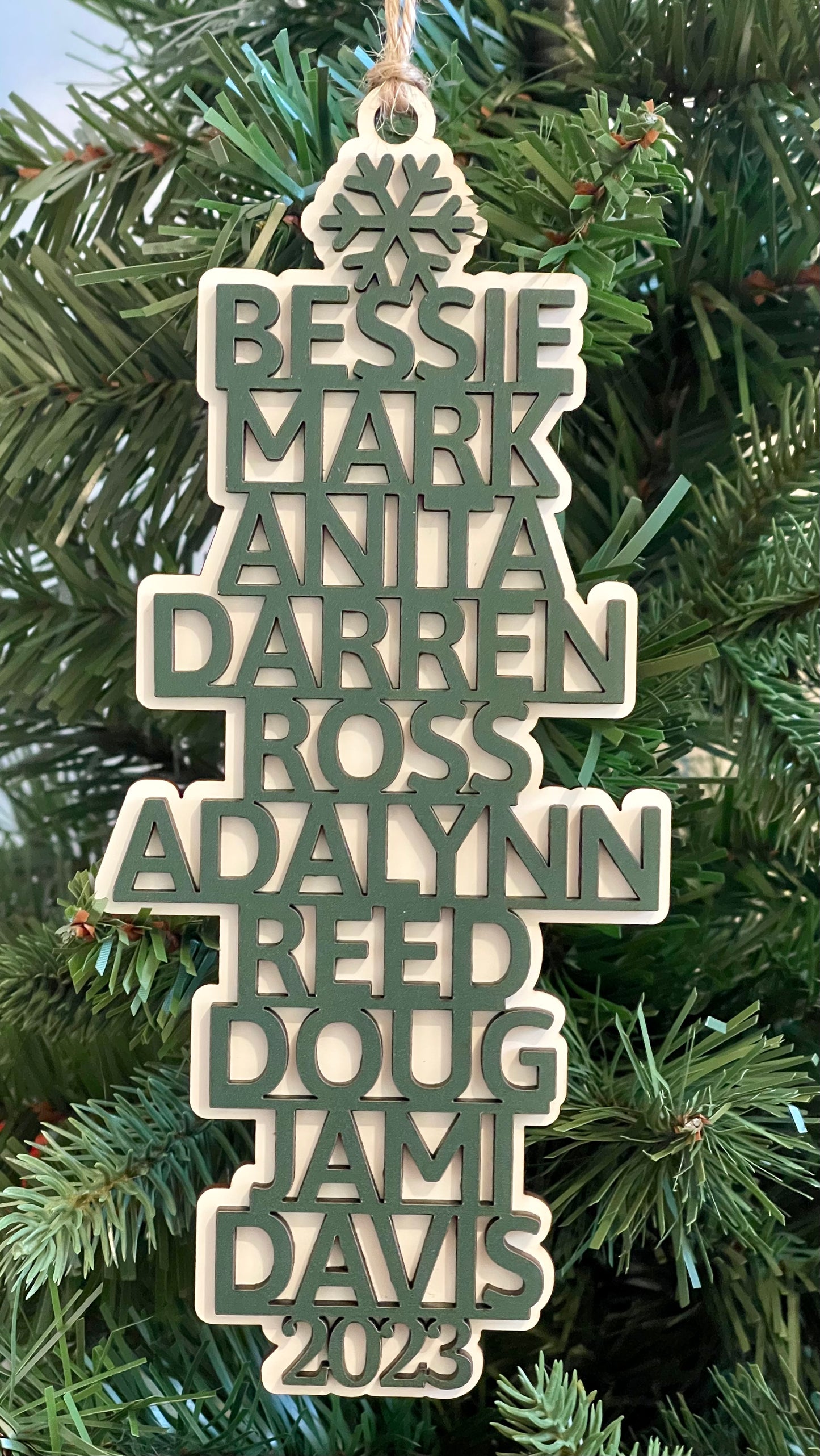 Family names are shown on the customized ornament, with a choice of color, choice of tree topper, and any words or names you want on the ornament.