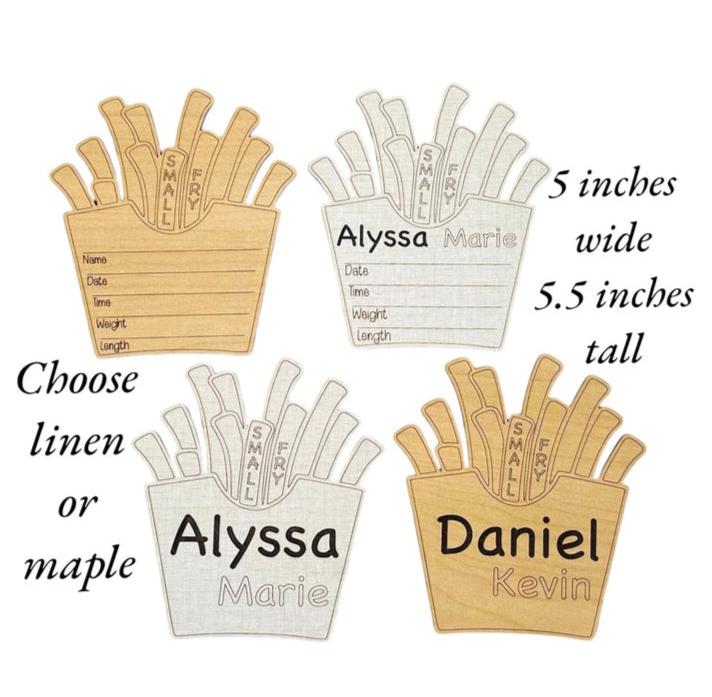 French fry themed baby birth announcement sign. So unique and cute! First and middle names are engraved, with room for birth stats below. Fun baby shower gift for a hospital or nursery photo prop. Choice of linen or maple wood.