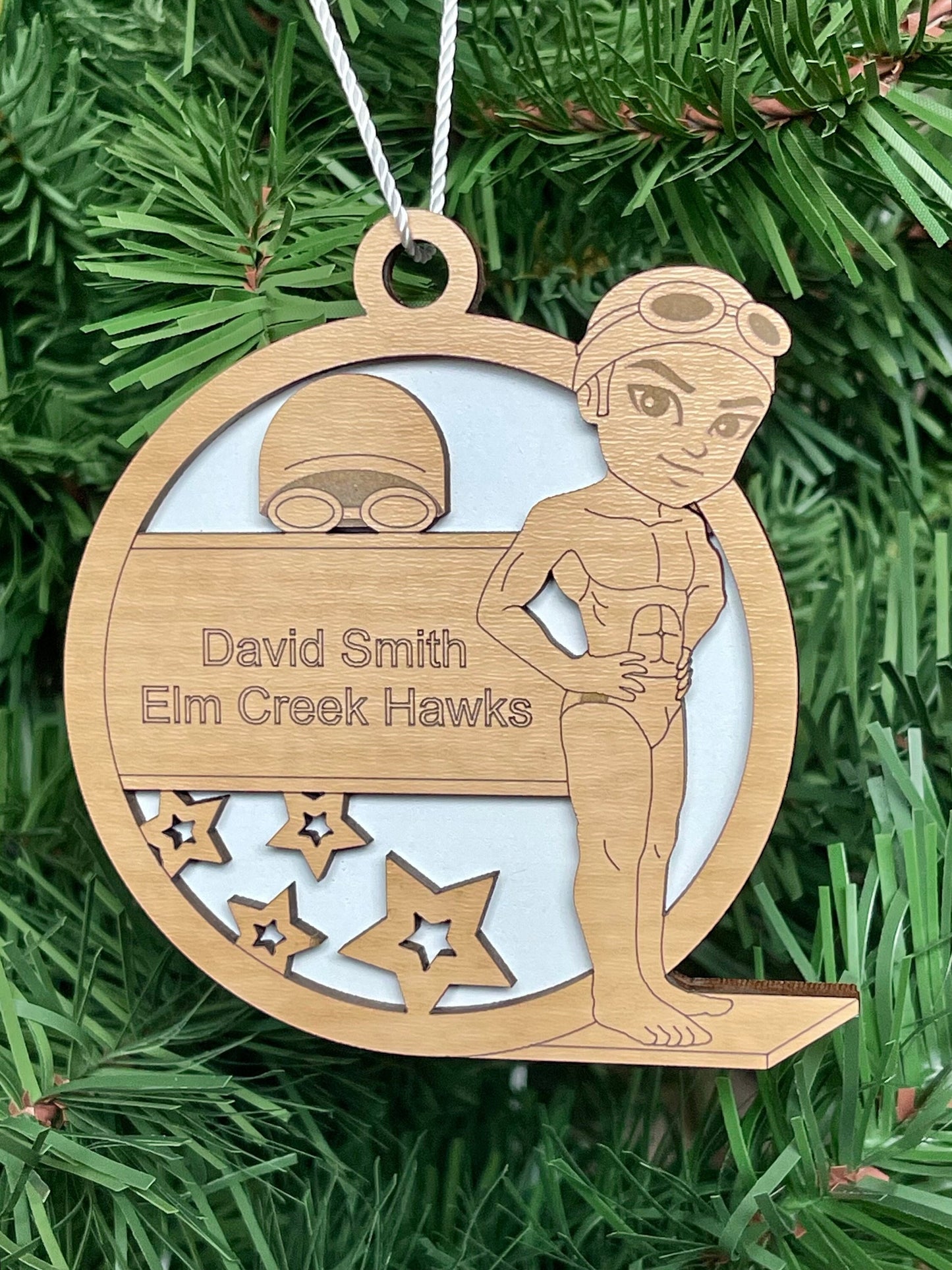 Personalized Diving Swimming Ornament Male Custom Youth Sports Keepsake Name, Team, School, Stats, Etc. Fun 3D Engraved Swimmer Cap Goggles