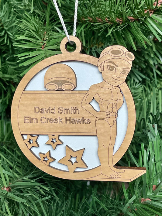 Personalized Diving Swimming Ornament Male Custom Youth Sports Keepsake Name, Team, School, Stats, Etc. Fun 3D Engraved Swimmer Cap Goggles