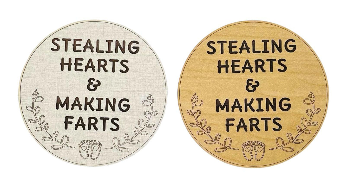 New Baby Photo Prop Sign Stealing Hearts Making Farts Nursery Hospital Funny Newborn Photography Round Engraved Humorous Shower Gift Memento