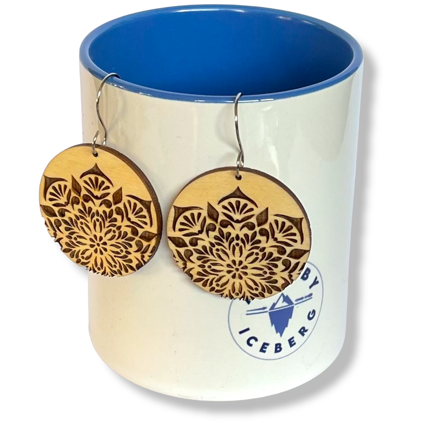 Mandala Style Baltic Birch Finished Wood Earrings Pretty Design Two Pairs for One Price Lightweight Statement Earrings