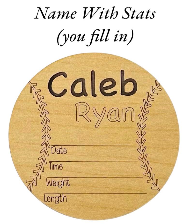 Baseball or softball themed baby birth announcement. Cute Welcome, Rookie! wording engraved. First and middle name engraved. Ideal baby shower gift and nursery or hospital photo prop for the baseball or softball sports fan.