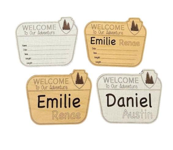 Welcome to our adventure National Parks themed baby birth announcement sign plaque. Personalized engraved with baby first and middle name, and an area for birth stats. Choose linen or maple wood color options.