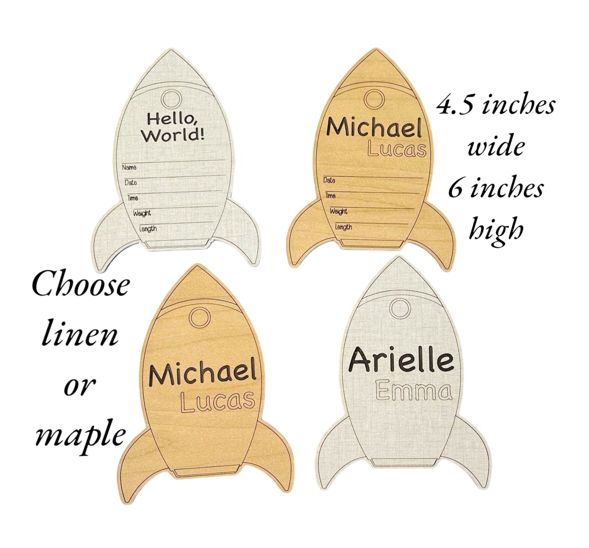 Cute baby birth announcement stats and name sign shaped like a rocket. Perfect for your little astronaut and outer space fan. Choose linen or maple wood.