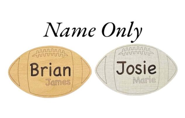 Football shaped themed baby birth announcement wooden sign. Engraved name and area for birth stats. Cute and sporty handmade item, ideal for a baby shower gift and a nursery or hospital photo prop.