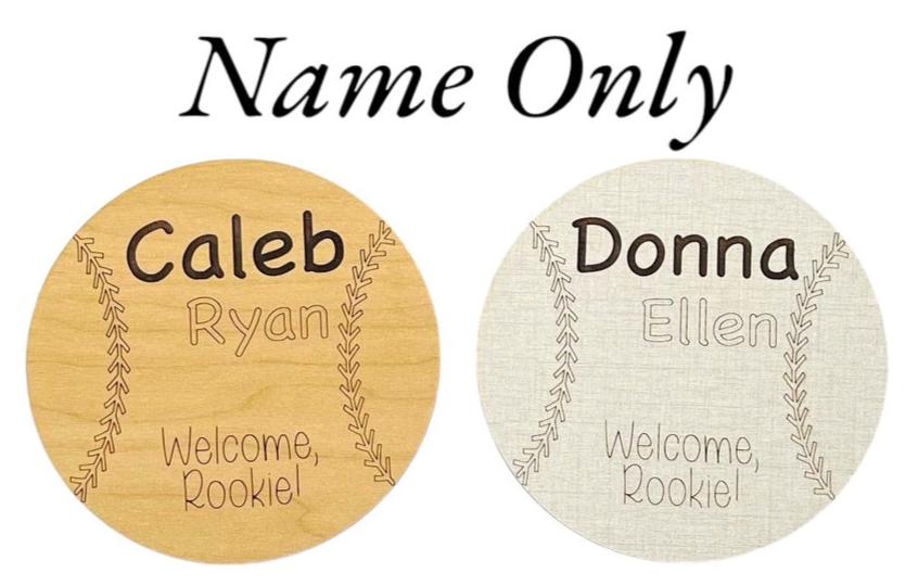 Welcome, rookie! Cute baseball or softball themed baby birth announcement. Engraved wood with choice of linen or maple wood. Name and place for stats. Cute baby shower gift idea for a hospital or nursery photo prop.