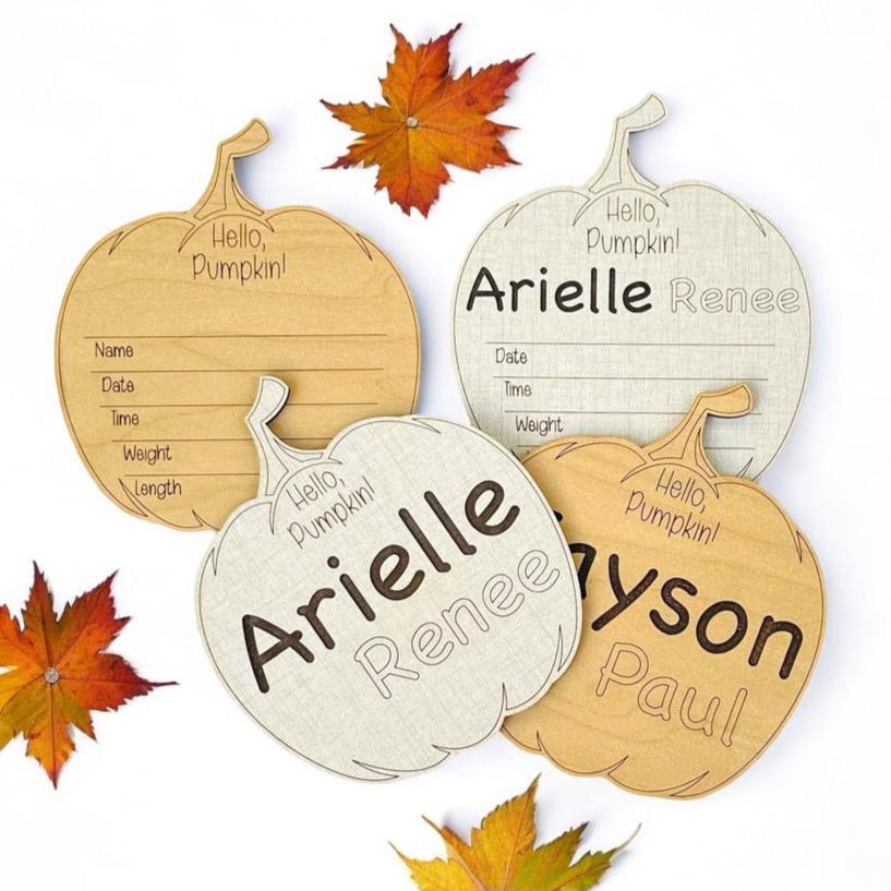 Hello, pumpkin! Cute pumpkin-shaped baby birth announcement. Area for you to fill in all the birth stats. Ideal baby shower gift and newborn photo prop. From Art by Iceberg.