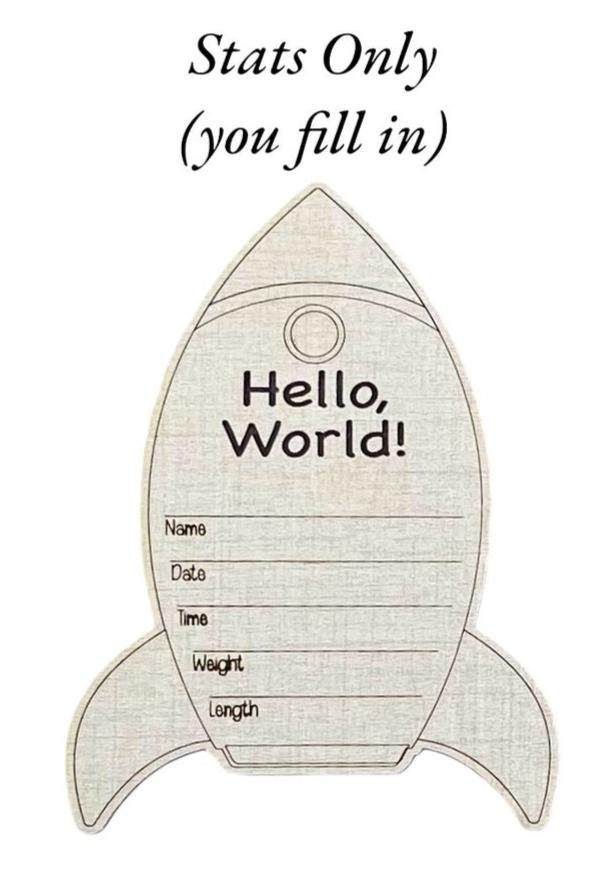 Rocket spaceship shaped baby birth announcement sign. Choose from linen or maple wood. engraved first and middle name, and an area for baby birth stats to be written in below. Cute baby shower gift for a hospital or nursery photo prop.