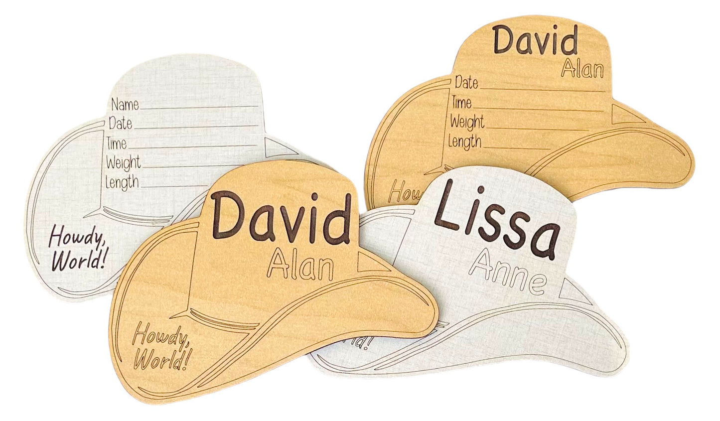 Western cowboy hat shaped baby birth announcement signs. Engraved first and middle name. Birth stats area you fill in. Cute photo prop or baby shower gift for anyone who loves the western, farmhouse lifestyle.