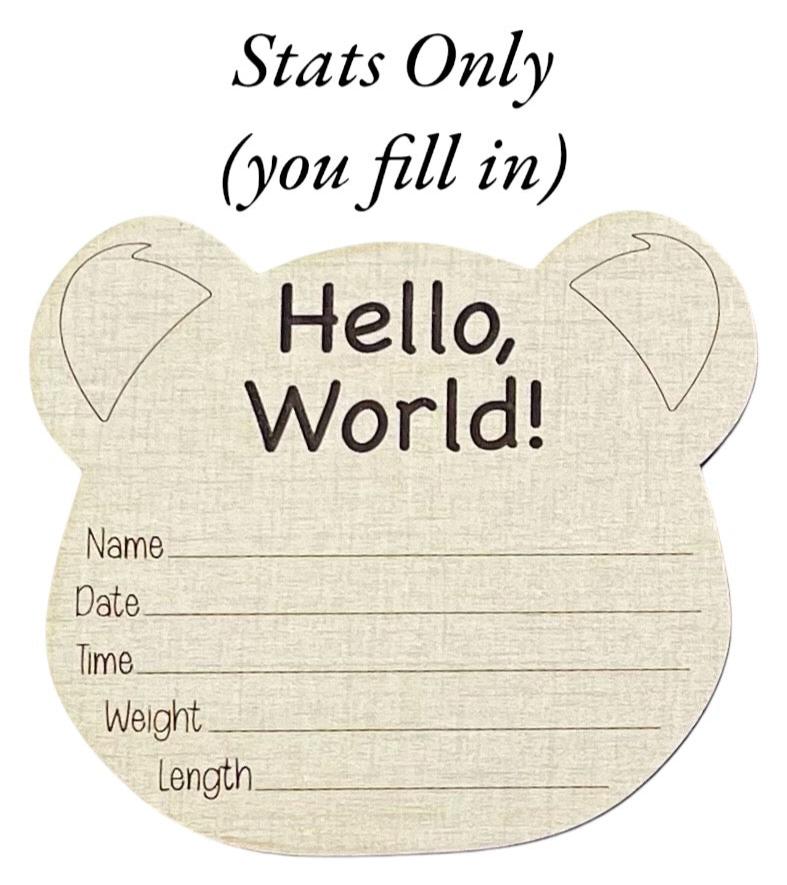 Baby birth announcement sign. Engraved name and birth stats area. Shaped like a bear head. Bear cub. Linen and maple wood color options. Cute keepsake and an ideal baby shower gift.