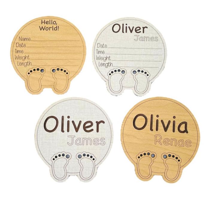 Personalized baby birth announcement name stats sign. Engraved first and middle name, birth stats area to fill in, cute baby feet and toes laser cut and engraved at the bottom. Choose linen or maple wood color. Ideal photo prop and keepsake!