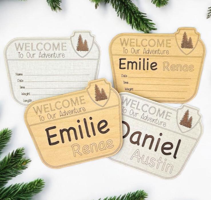 Welcome to our adventure! Cute baby birth newborn stats sign. Made from either linen or maple wood, engraved, and you fill in stats.