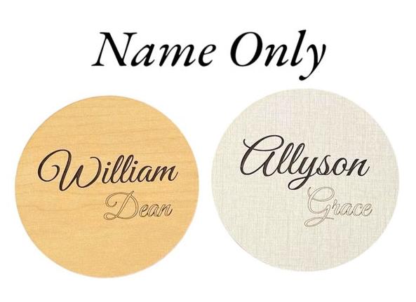 Wooden baby birth announcement round sign. French script style beautiful writing engraved. Hello, world! Choose linen or maple wood color. Stunning baby shower gift for photo prop use. Custom handmade by Art by Iceberg.