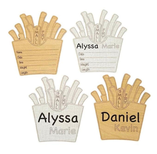 Small fry french fries themed baby birth announcement sign. Cute, original design from Art by Iceberg. The wooden sign says small fry on two fries, and has an engraved name and birth stats area. Ideal gift for a fast food fan baby shower!