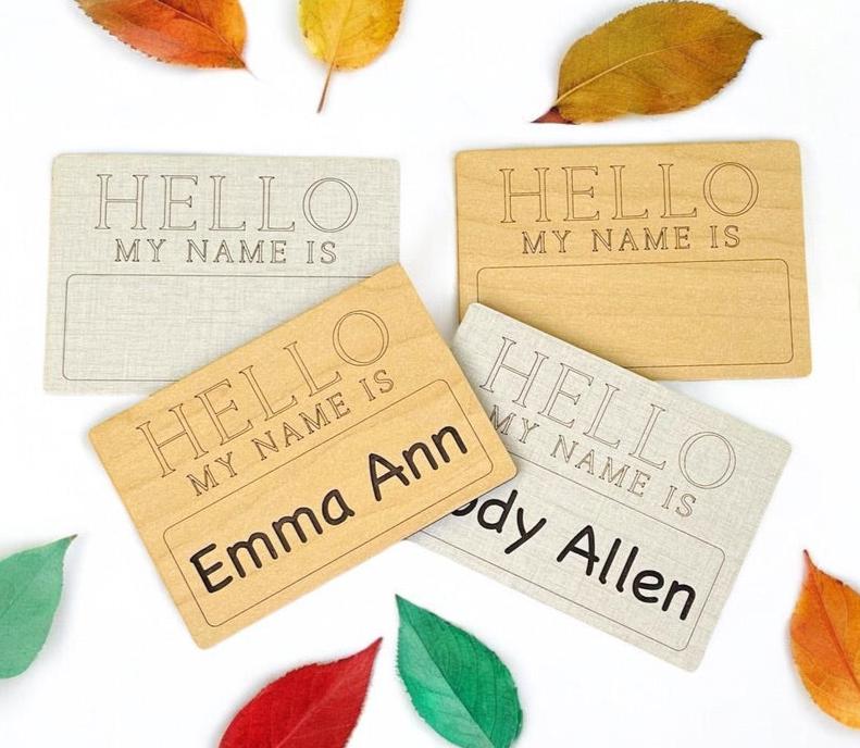 Hello my name is... personalized baby birth announcement with engraved name or blank name area you fill in. Perfect baby shower gift for a photo prop in the hospital or in a nursery. From Art by Iceberg .