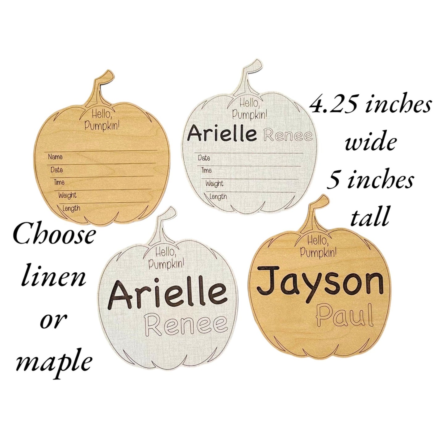 Hello pumpkin baby birth announcement. Cute fall gourd pumpkin shape. Ideal for fall babies. Engraved first and middle name and area for birth stats. From Art by Iceberg. Female-owned small business in Colorado.