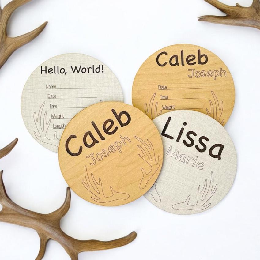 Hunting themed baby birth announcement photo prop for hospital or nursery. Antlers engraved at the bottom, with baby name and birth stats area. Ideal baby shower gift for the hunter or wildlife fan. From Art by Iceberg.