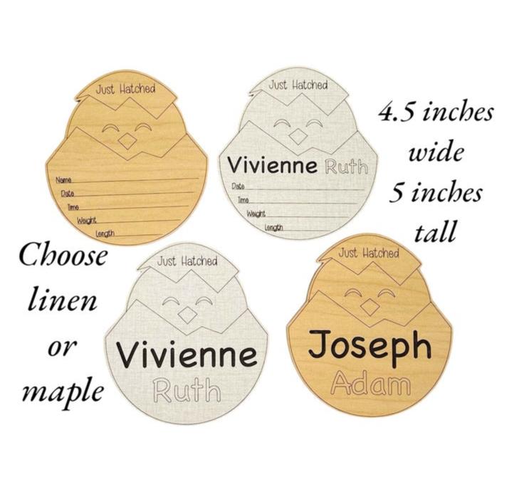 Baby birth announcement sign with a cute just hatched baby chick theme. Engraved name and area for birth stats. Choose from linen or maple wood color options. Perfect baby shower gift for a hospital or nursery photo prop.