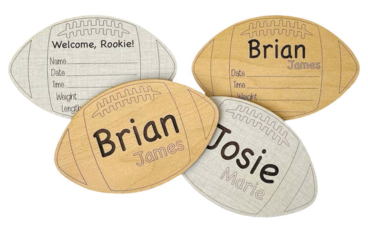 Fun football shaped and themed baby birth announcement sign. Engraved name and birth stats area. Choose from linen or maple wood color. Eco-friendly, sustainable material coated in acrylic so you can write easily on the sign. Ideal photo prop gift!