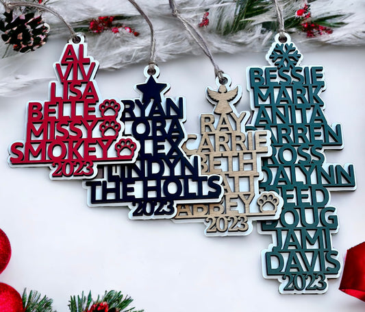 Personalized family names Christmas tree ornament handmade from Art by Iceberg.