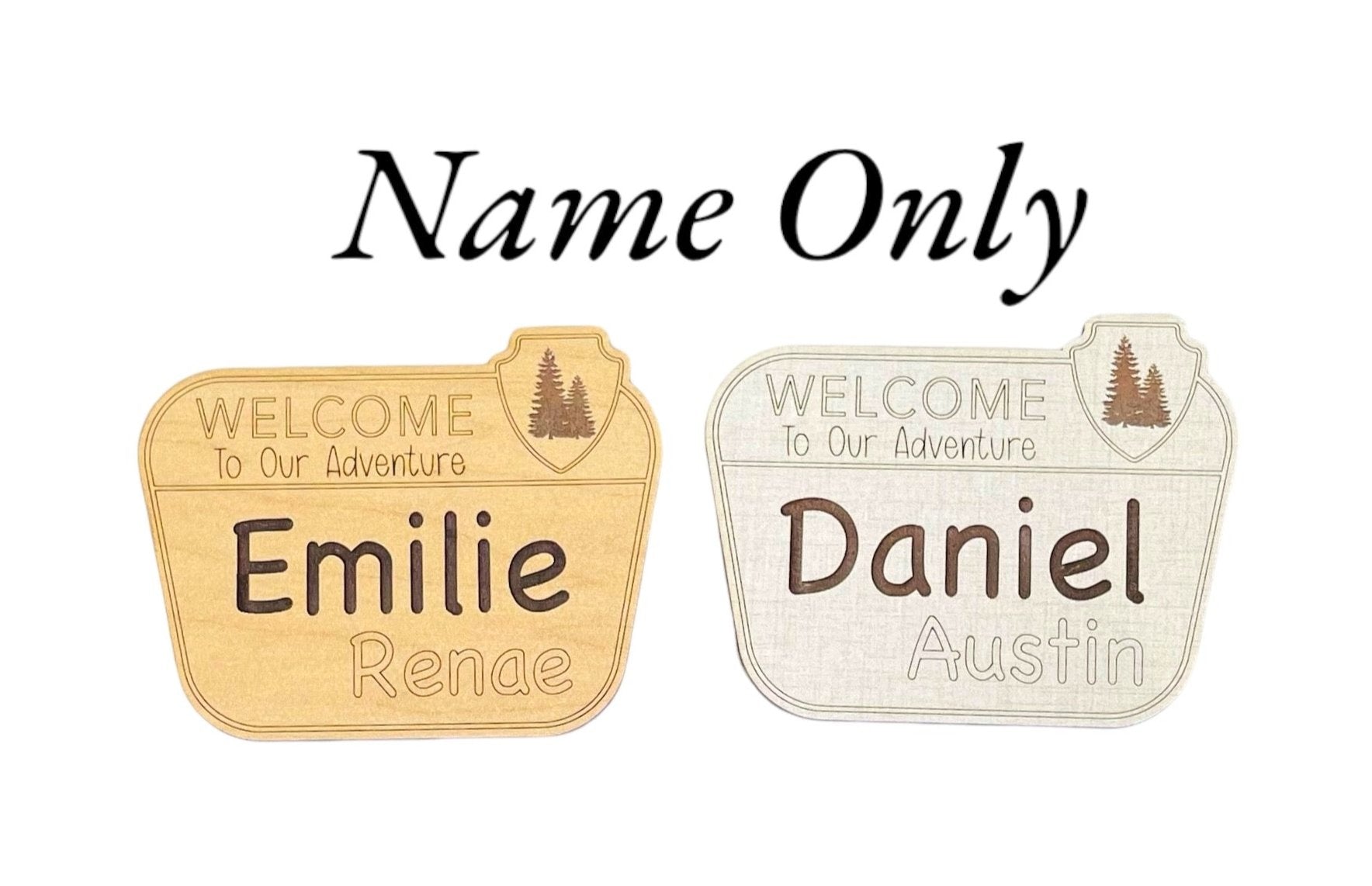 Baby birth announcement sign with a National Parks outdoors theme. Trees and name and birth stats area engraved. Choose linen or maple wood color options. Ideal baby shower gift for a hospital or nursery photo prop keepsake!