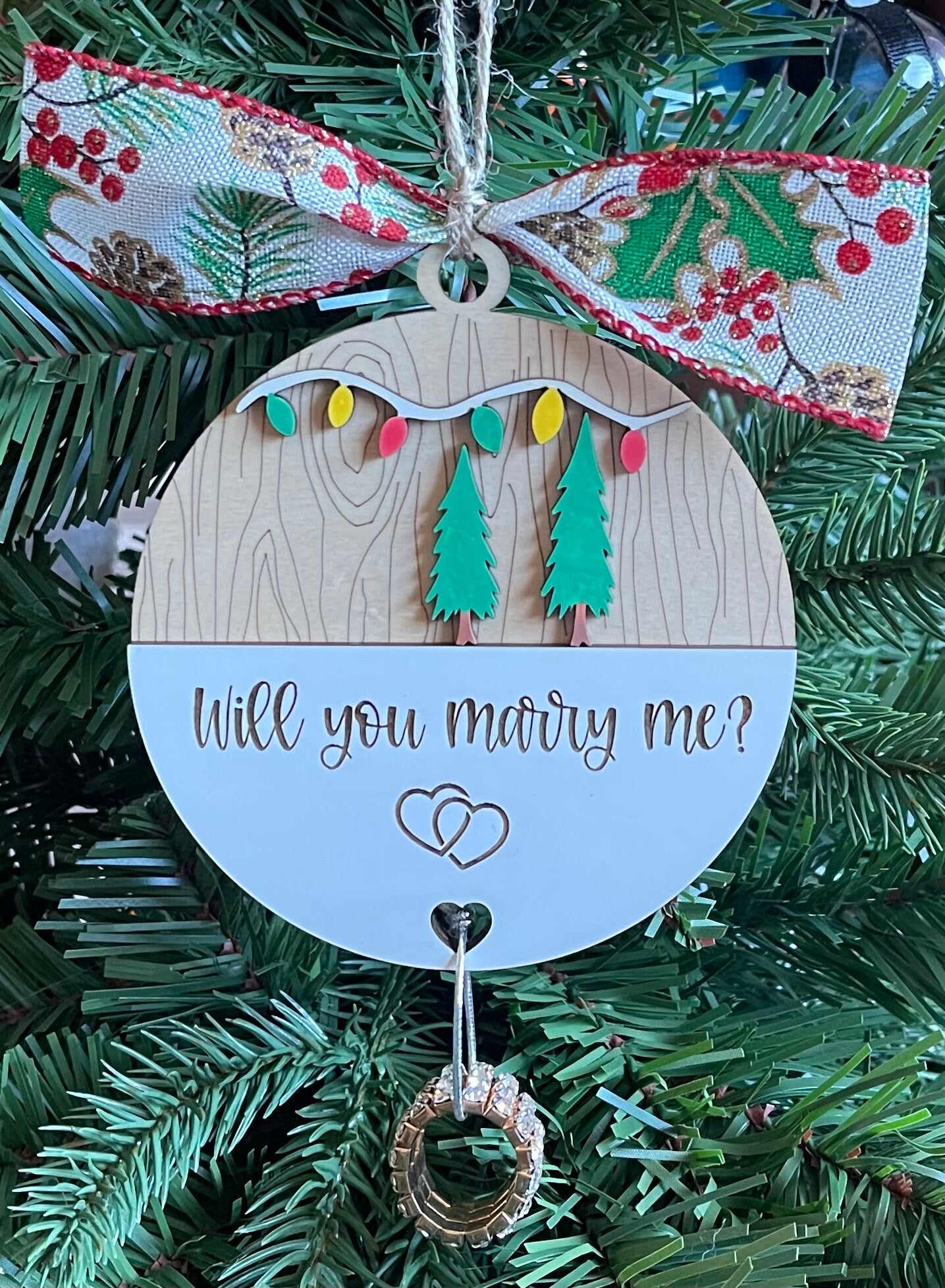 Will You Marry Me Woodland Layered Christmas Ornament Hearts Engagement Ring String Wedding Surprise Gift Idea Couple