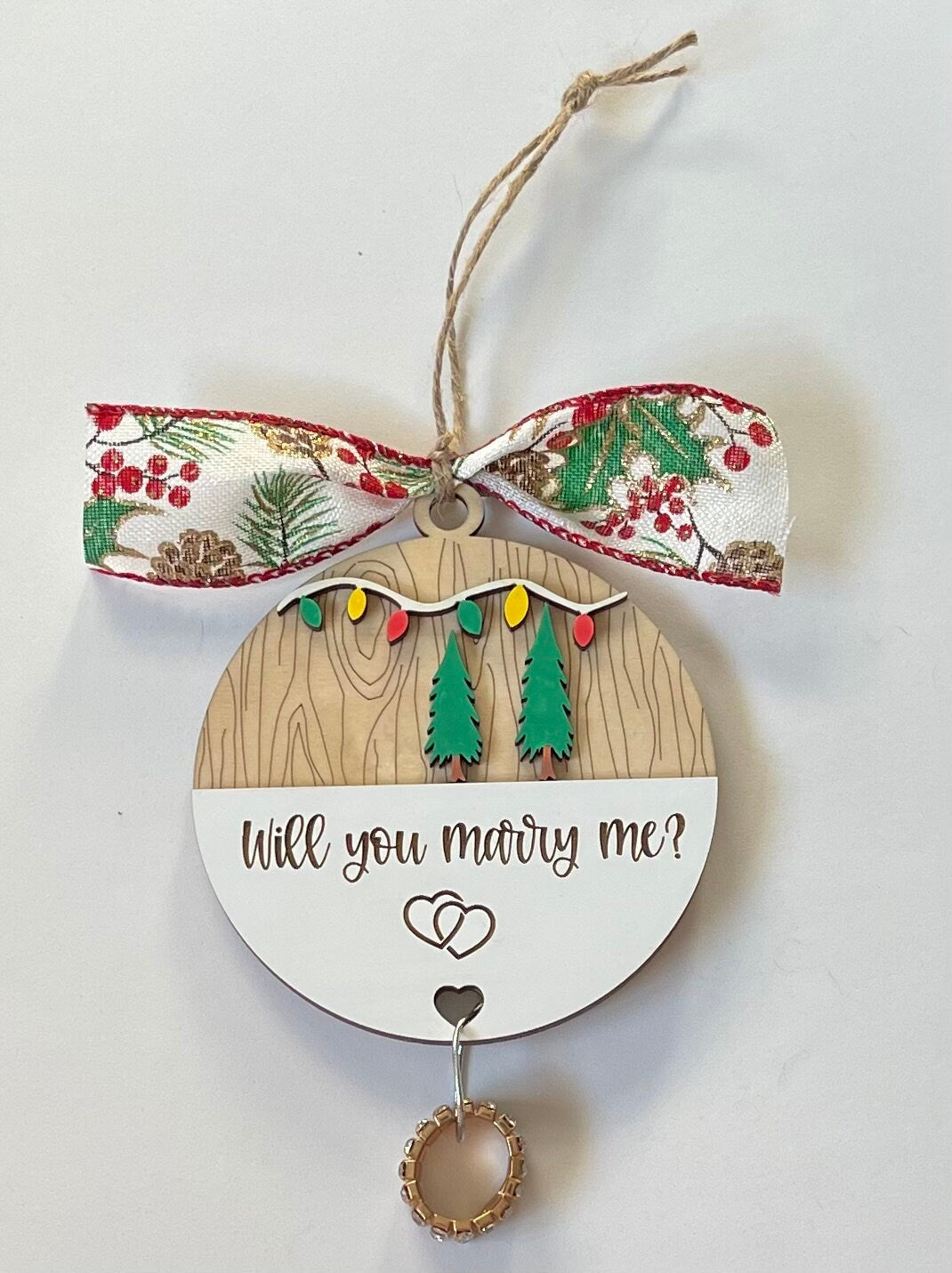 Will You Marry Me Woodland Layered Christmas Ornament Hearts Engagement Ring String Wedding Surprise Gift Idea Couple