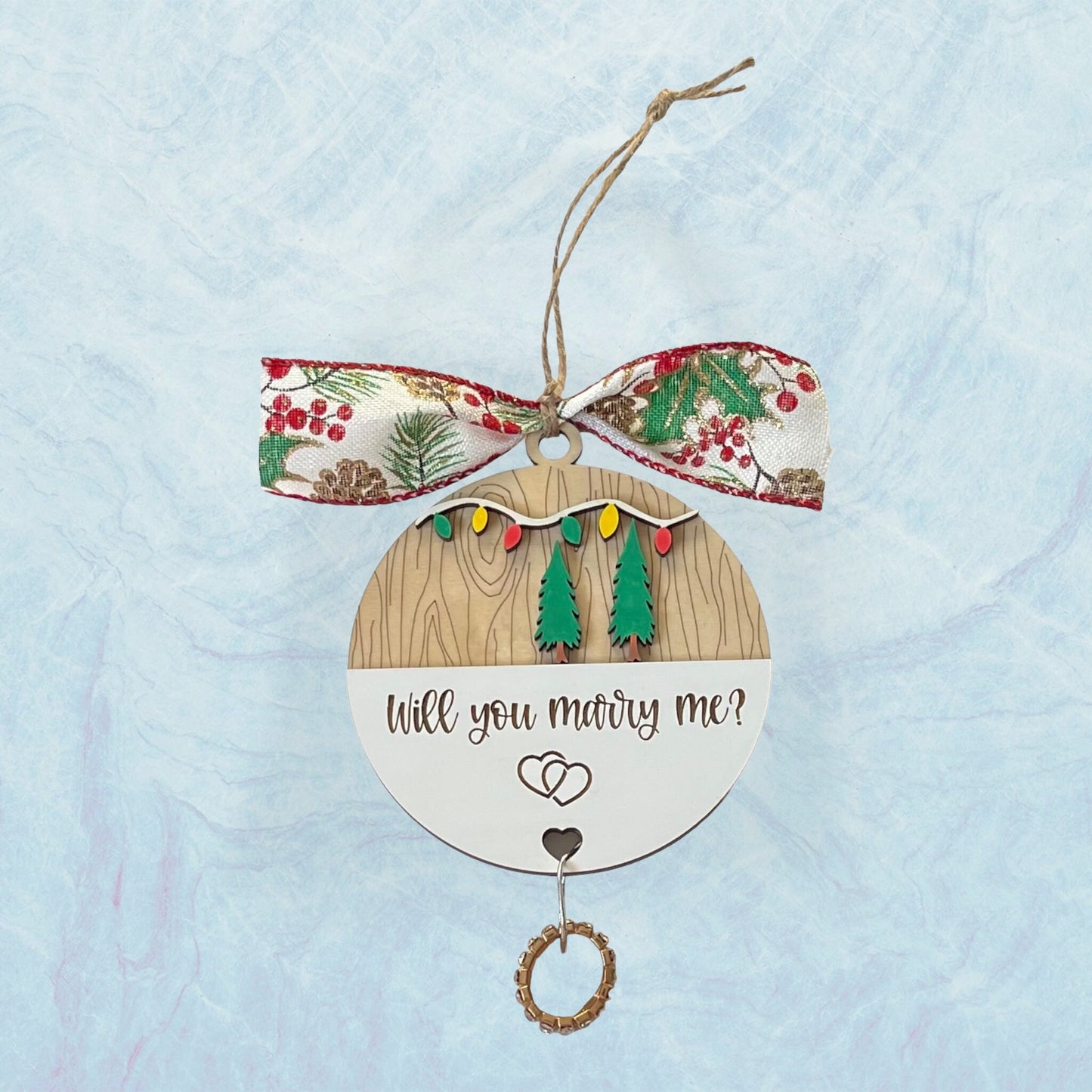 Will You Marry Me Woodland Layered Christmas Ornament Hearts Engagement Ring String Wedding Surprise Gift Idea Couple