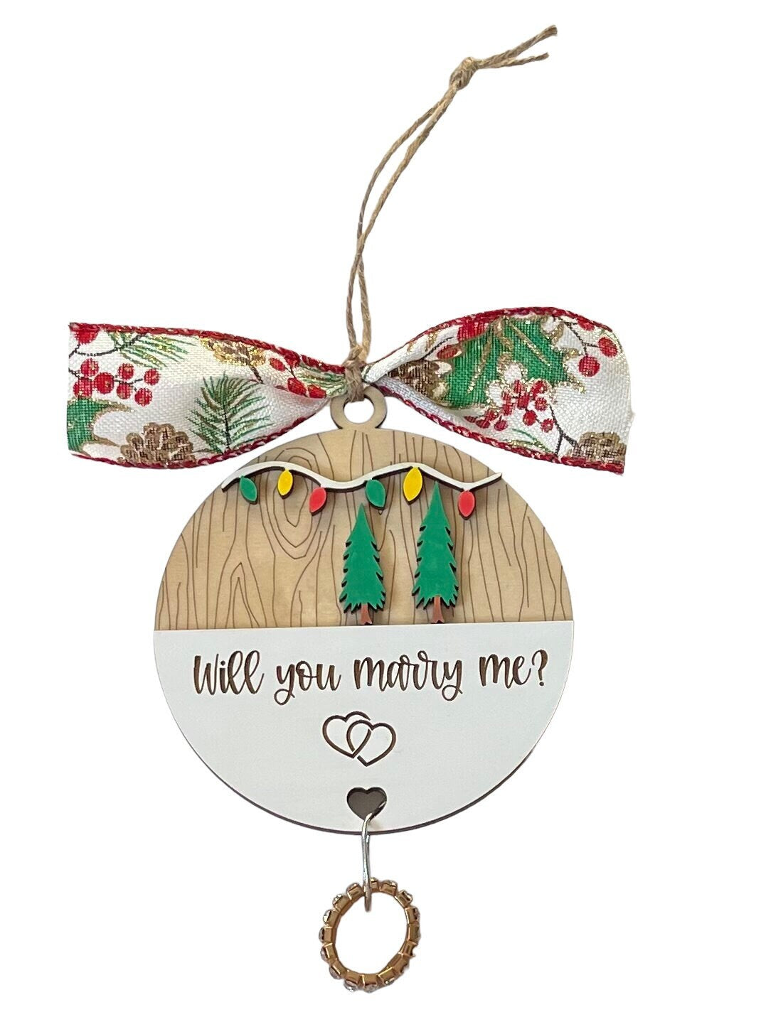 Will You Marry Me Woodland Layered Christmas Ornament Hearts Engagement Ring String Wedding Surprise Gift Idea Couple