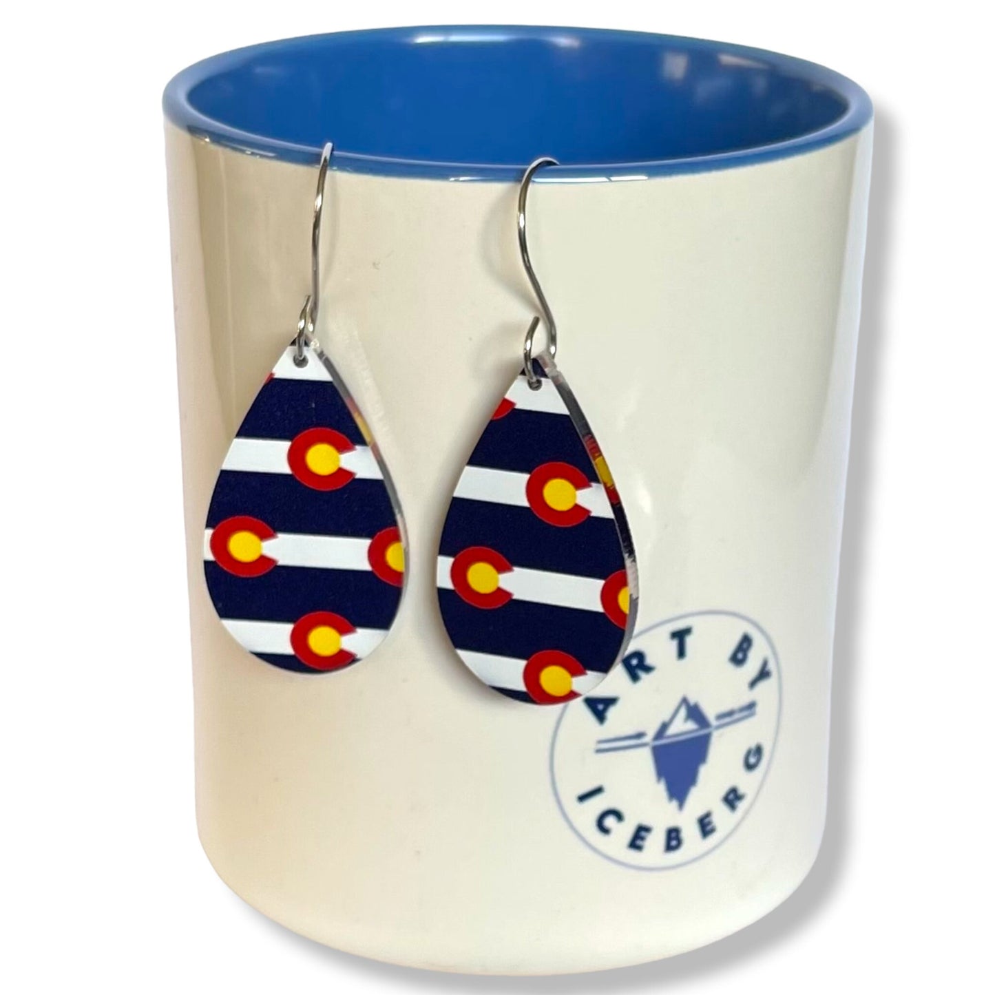 Colorado Earrings State Flag CO Acrylic Conversation Piece Logo Two Pairs for One Price Teardrop and Bar Shaped Earrings CO Red White Blue