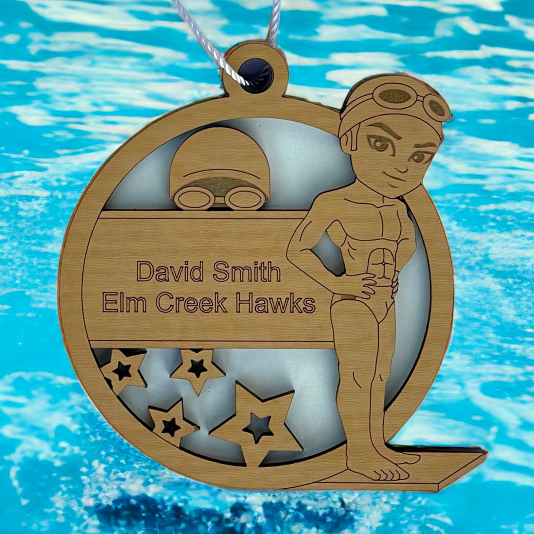 Personalized Diving Swimming Ornament Male Custom Youth Sports Keepsake Name, Team, School, Stats, Etc. Fun 3D Engraved Swimmer Cap Goggles