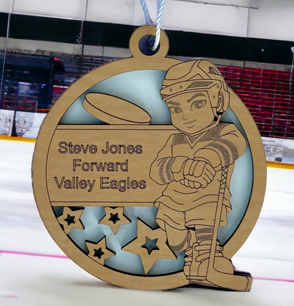 Personalized Ice Hockey Ornament Male Custom Youth Sports Keepsake Name, Position, Team, School, Stats, Etc Engraved Hockey Stick Puck Image