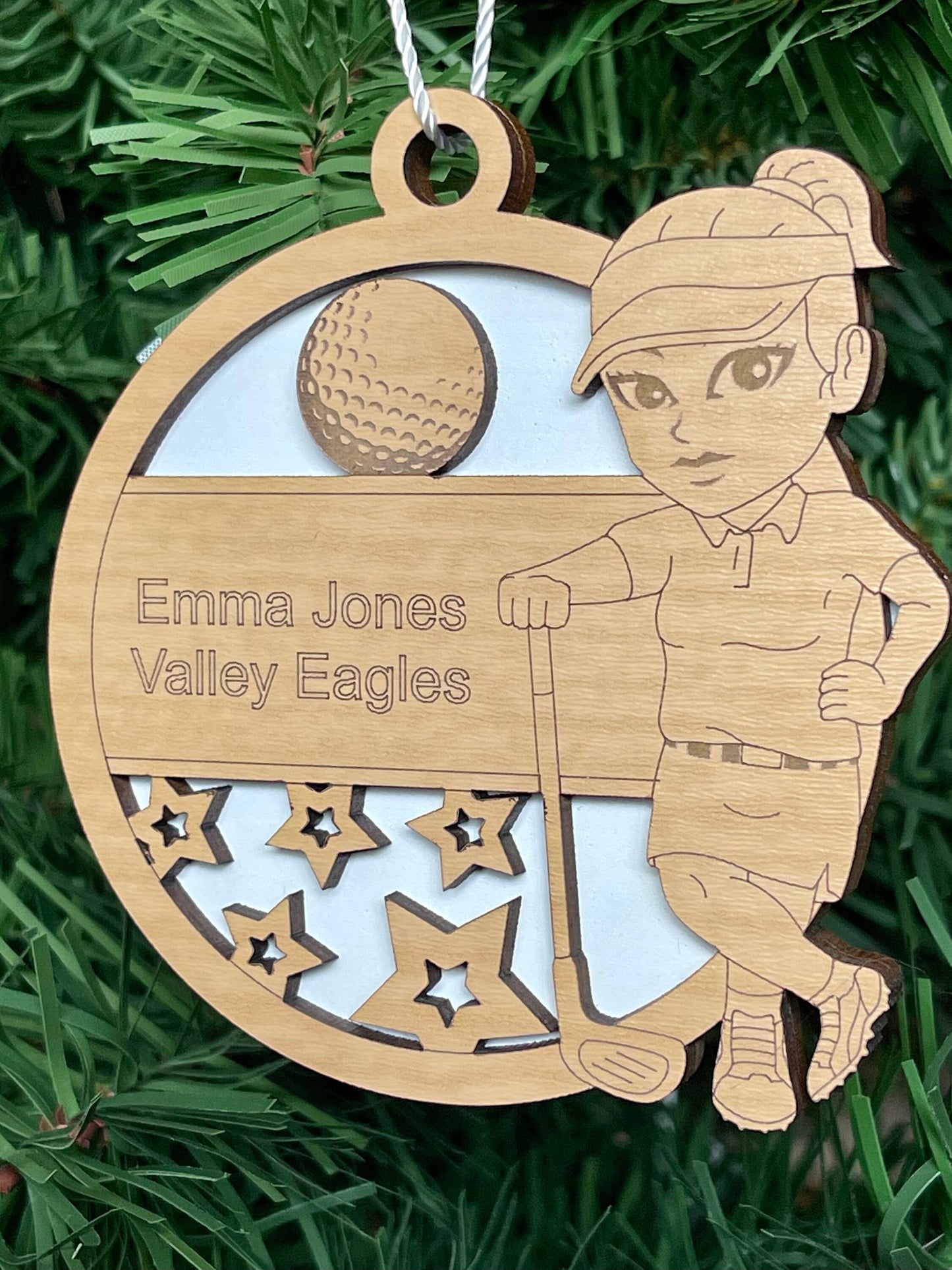 Personalized Female Golfer Ornament Custom Golf Sports Golfing Keepsake Name, Team, School, Stats, Etc. Engraved Club Ball Image Handmade