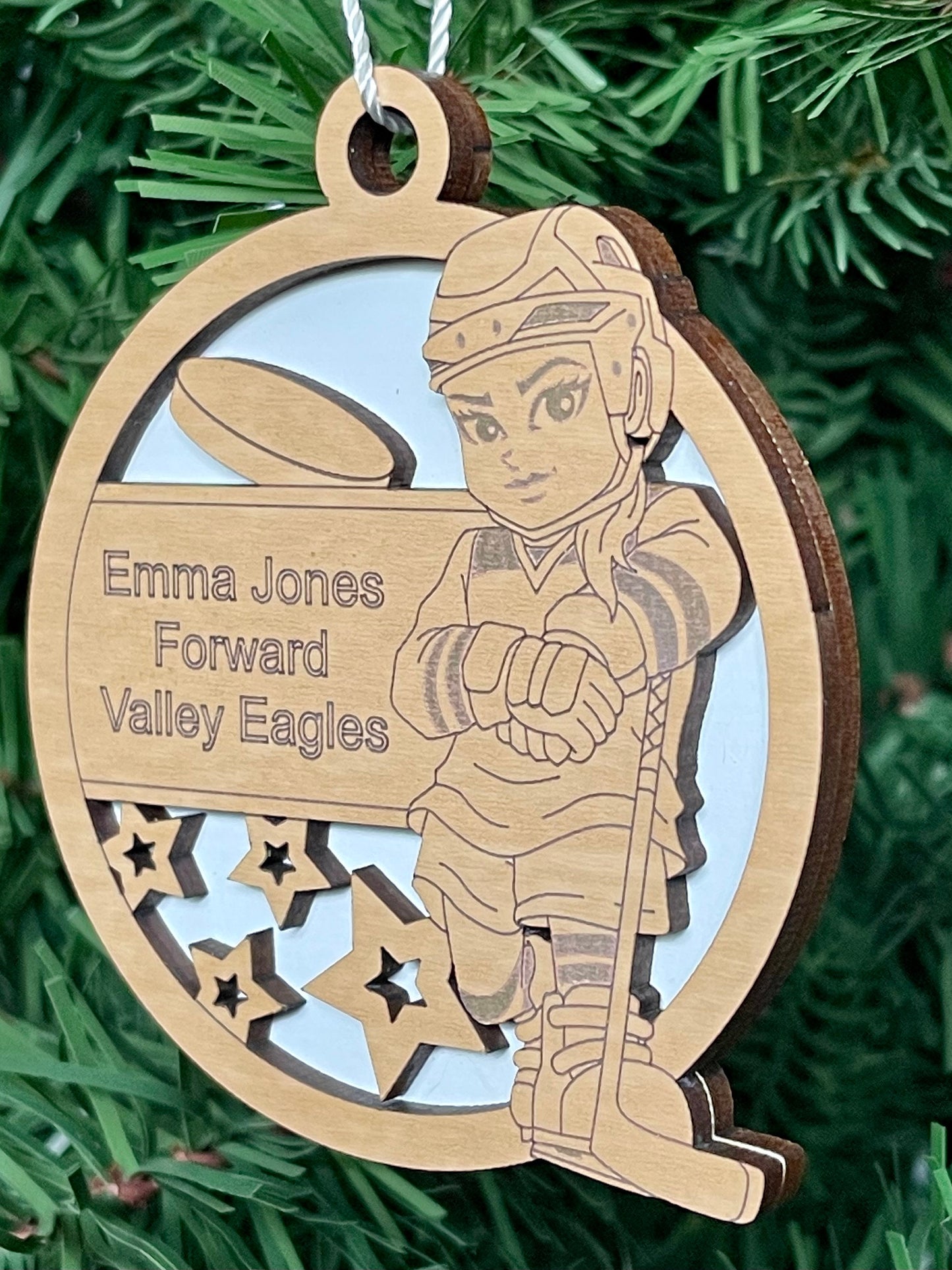 Custom Female Ice Hockey Ornament Personalized Keepsake Name, Position, Team, School, Stats, Etc. Laser Engraved Puck Stick Gear Hockey Gift