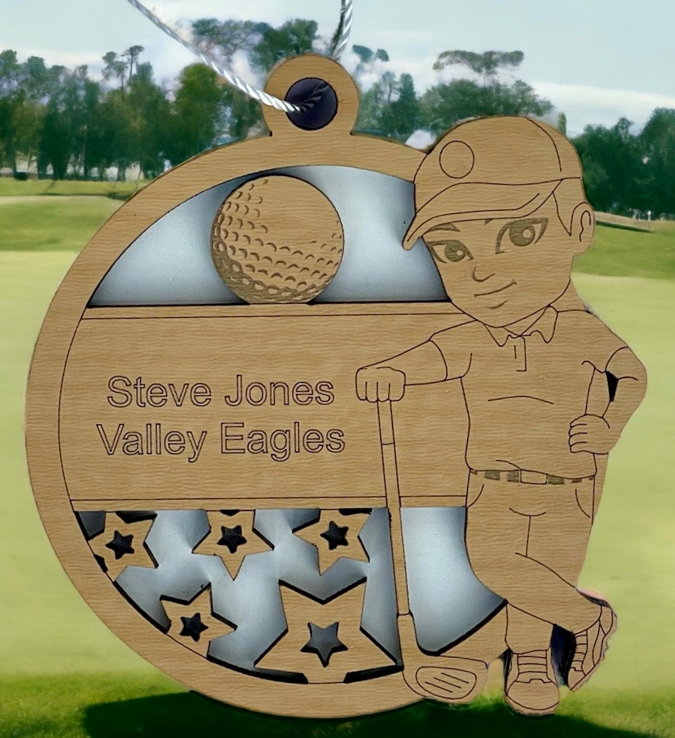 Personalized Golfer Golf Ornament Male Custom Youth Sports Golfing Keepsake Name, Team, School, Stats, Etc. Engraved Club Ball Image OOAK