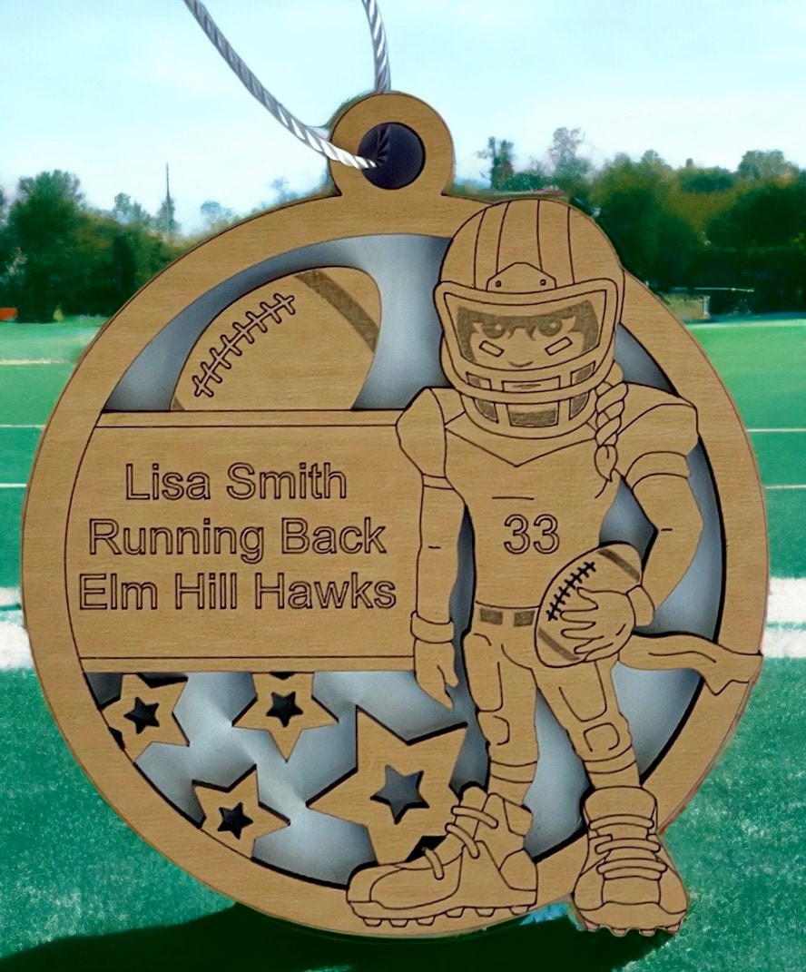 Custom Female Football Ornament Personalized Name, Number, Position, School, Stats, Etc. 3D Layered Year-Round Fun Gift Idea Handmade OOAK