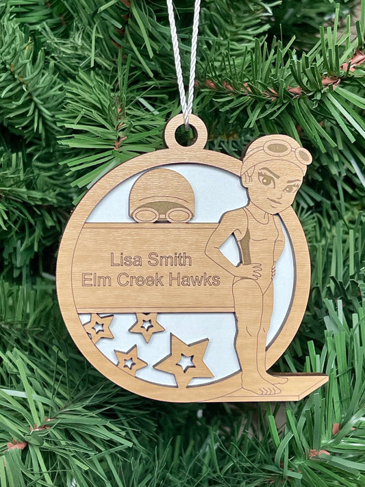 Personalized Swimming Diving Ornament Female Custom Sports Keepsake Name, Team, School, Stats, Etc Engraved Swimming Cap Goggles Water Sport