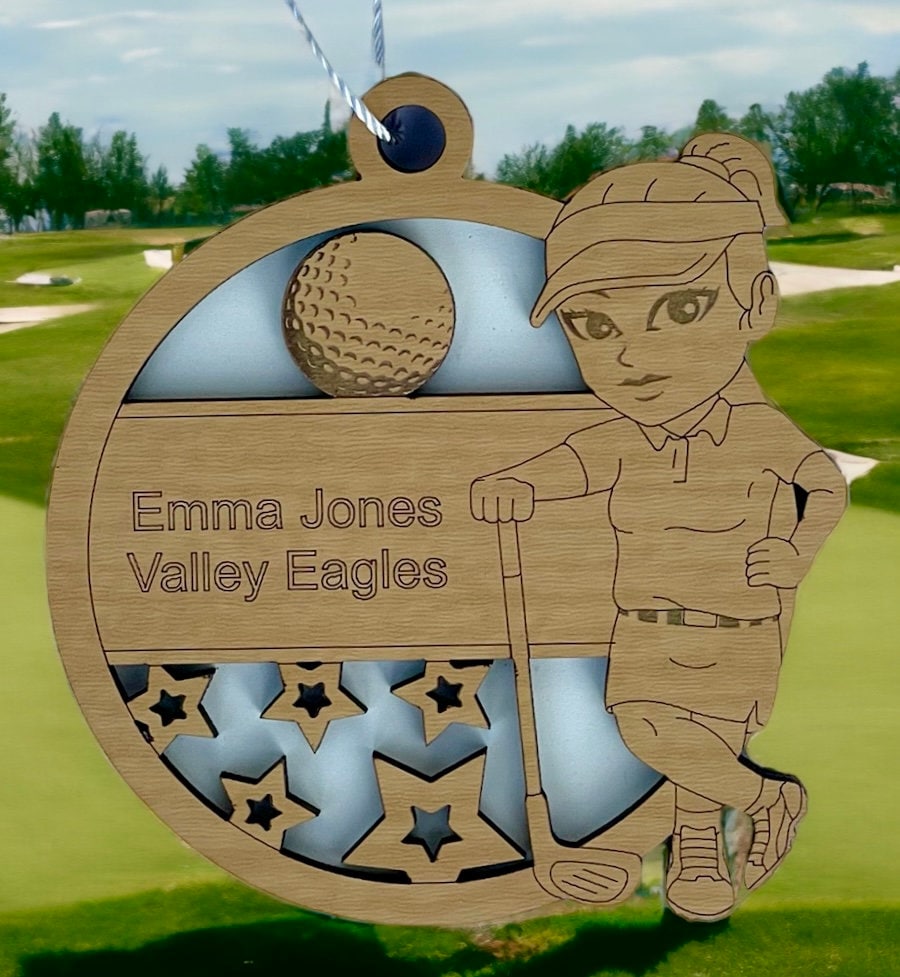 Personalized Female Golfer Ornament Custom Golf Sports Golfing Keepsake Name, Team, School, Stats, Etc. Engraved Club Ball Image Handmade