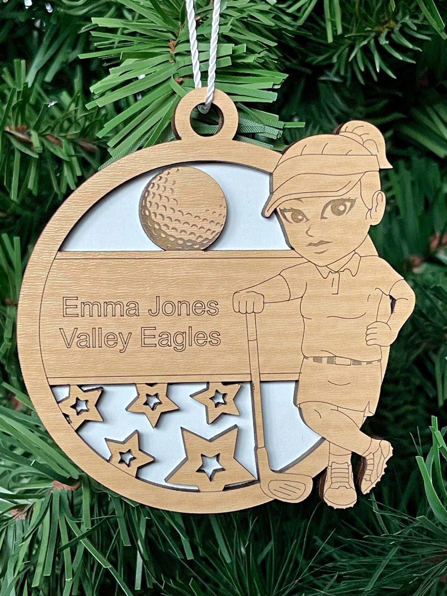 Personalized Female Golfer Ornament Custom Golf Sports Golfing Keepsake Name, Team, School, Stats, Etc. Engraved Club Ball Image Handmade