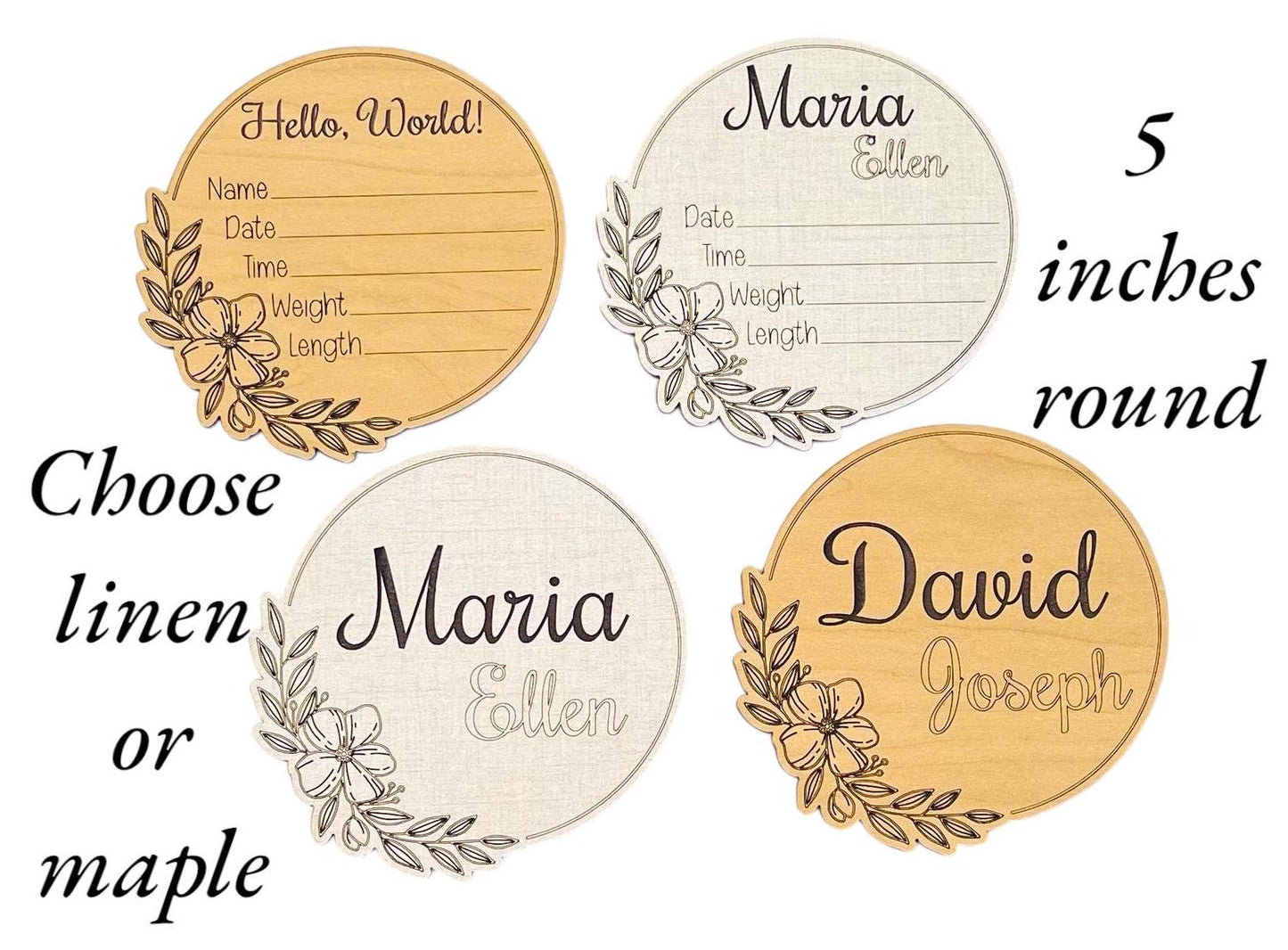 Floral Baby Birth Announcement Pretty New Baby Name Stats Hospital Photo Prop Shower Gift Wood Laser Engraved Personalized Flowers Handmade