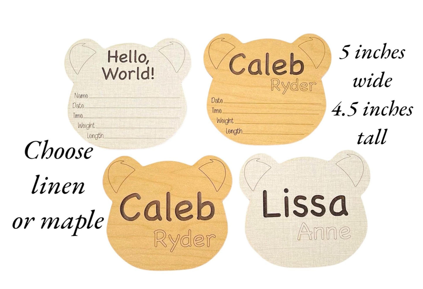 Baby birth announcement sign. Engraved name and birth stats area. Shaped like a bear head. Bear cub. Linen and maple wood color options. Cute keepsake and an ideal baby shower gift.