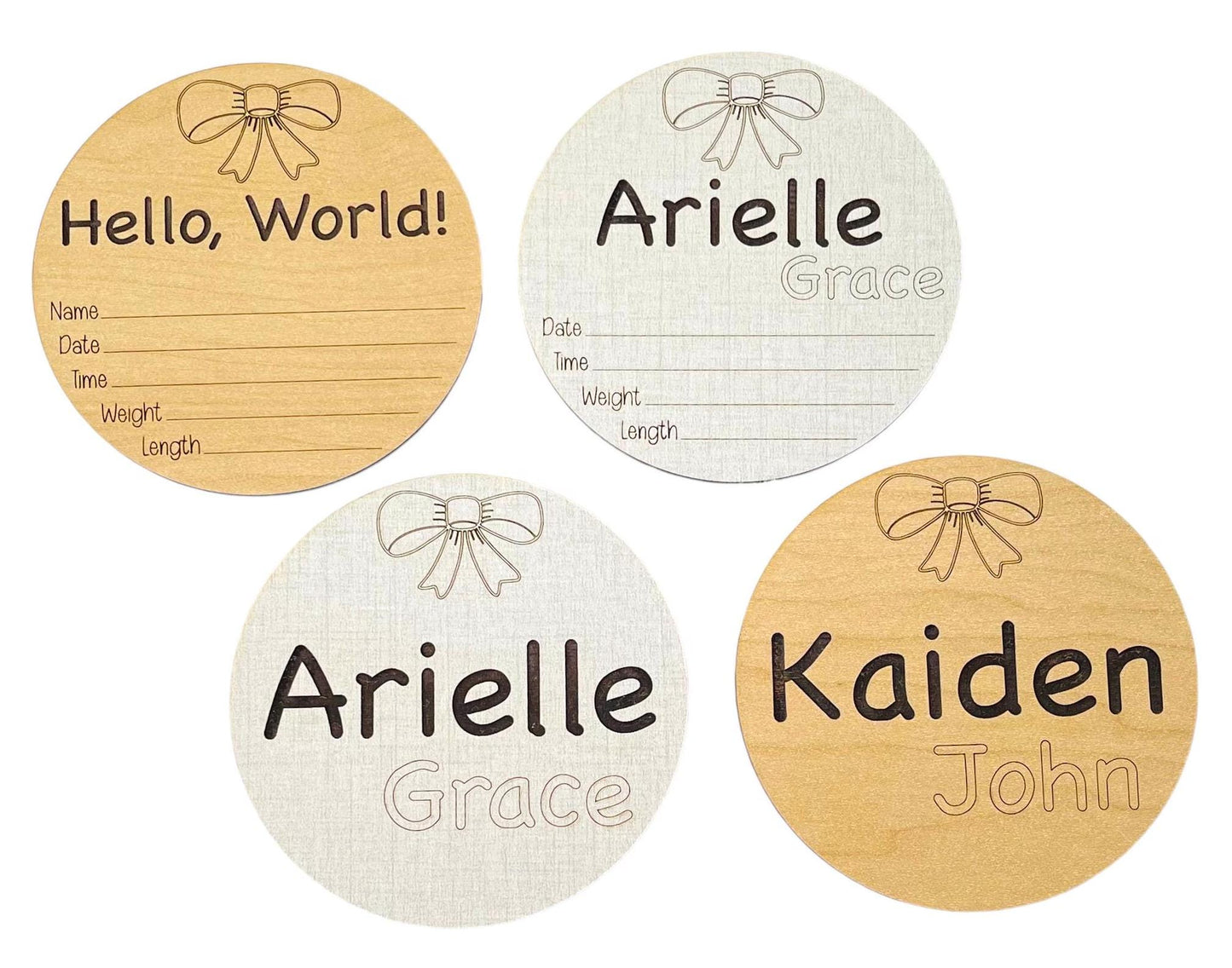 Baby Bow Stats Keepsake Round Pretty Bow Newborn Hospital Photo Prop Cute Hello World Baby Shower Gift Custom Fun Engraved Name Birth Stat