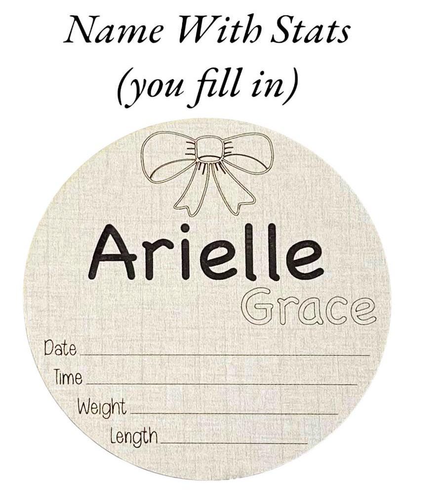 Baby Bow Stats Keepsake Round Pretty Bow Newborn Hospital Photo Prop Cute Hello World Baby Shower Gift Custom Fun Engraved Name Birth Stat