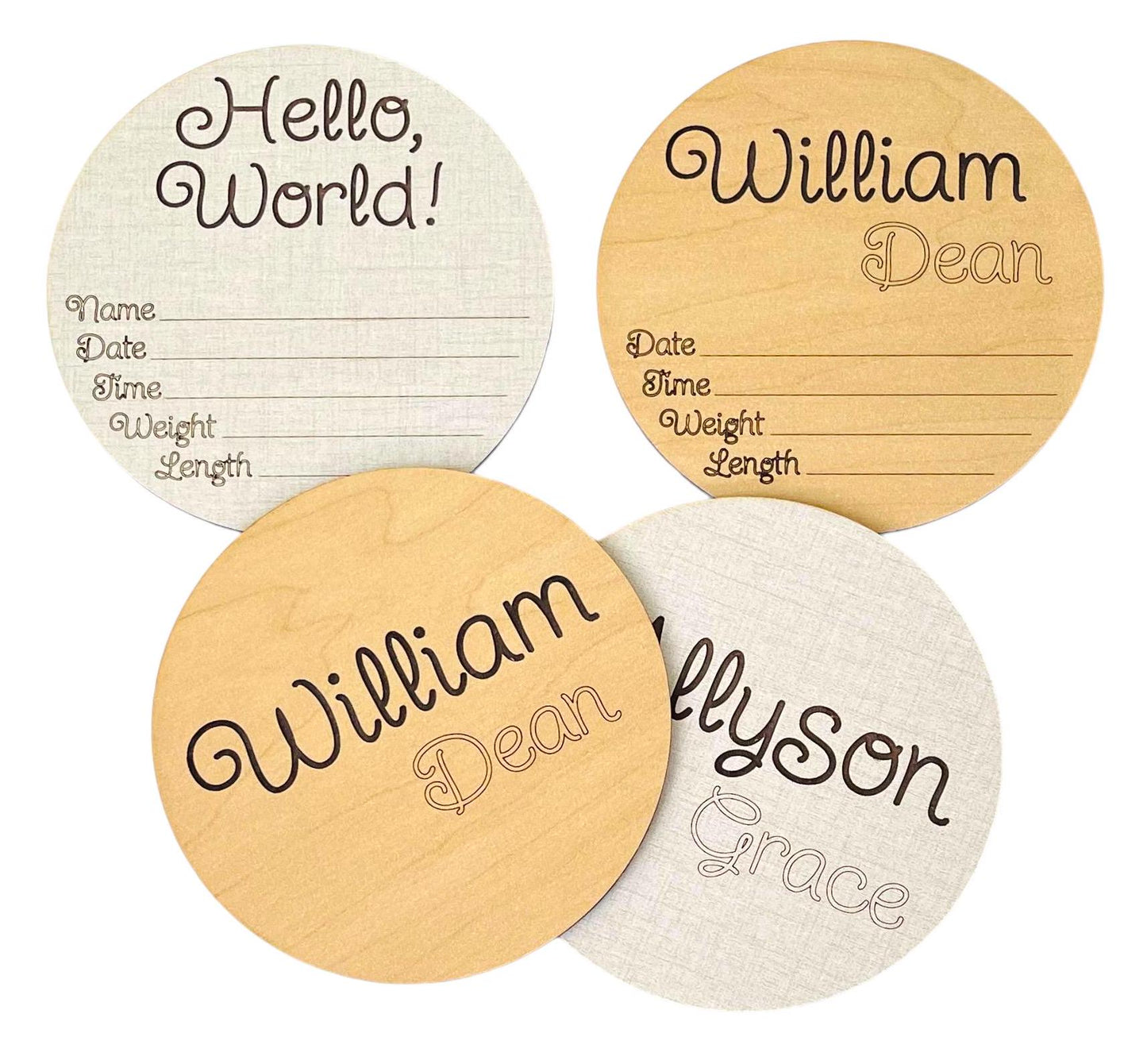 Hello World Baby Birth Announcement Wood Round New Baby Name Stats Nursery Photo Prop Newborn Baby Shower Gift Engraved Laser Cut Keepsake