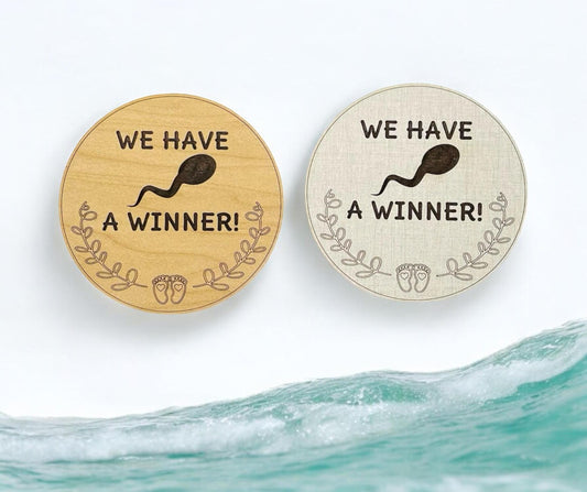 Funny Pregnancy Announcement Sign Swimming Sperm We Have a Winner Pregnant Expecting Round Photo Prop Handmade Humorous Wooden Fun Surprise