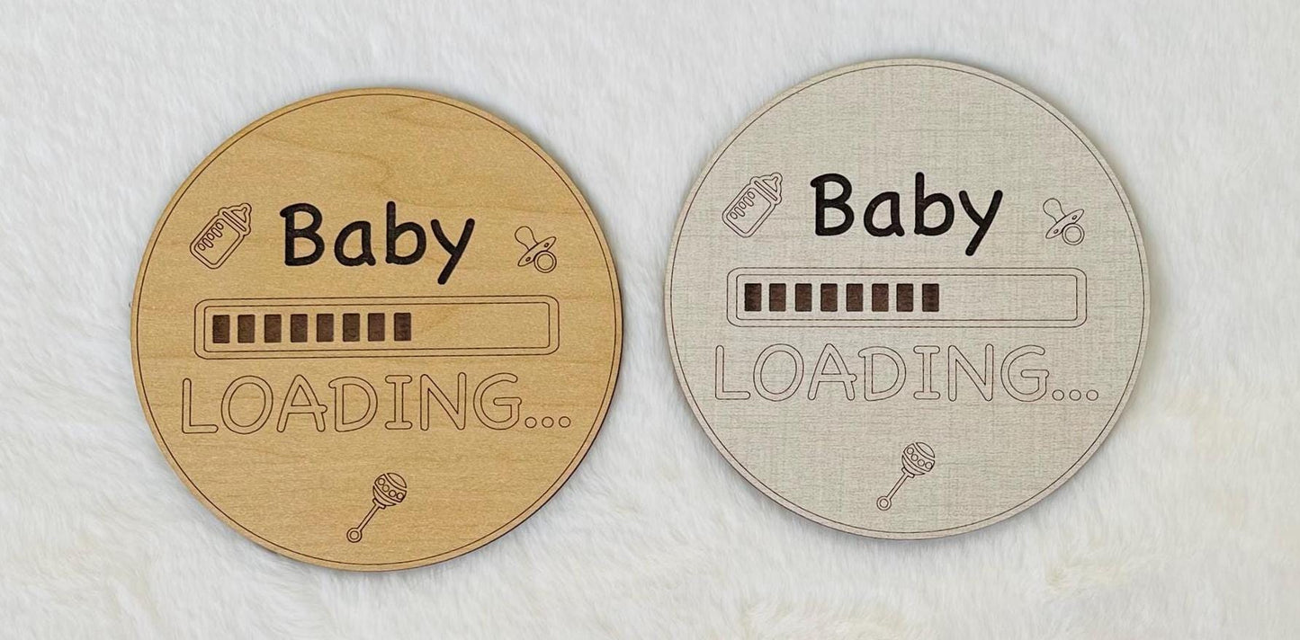 Pregnancy Announcement Sign Baby Loading We're Pregnant Expecting Round Photo Prop Handmade Engraved Gift Linen or Maple Wood Fun Surprise