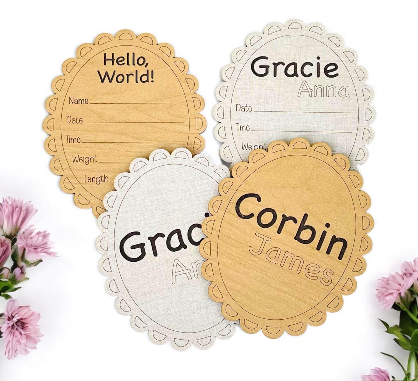 Baby Birth Sign Name Stats Announcement Personalized Scalloped Edge Oval Design Hello World Cute Wooden Newborn Photo Prop Baby Shower Gift