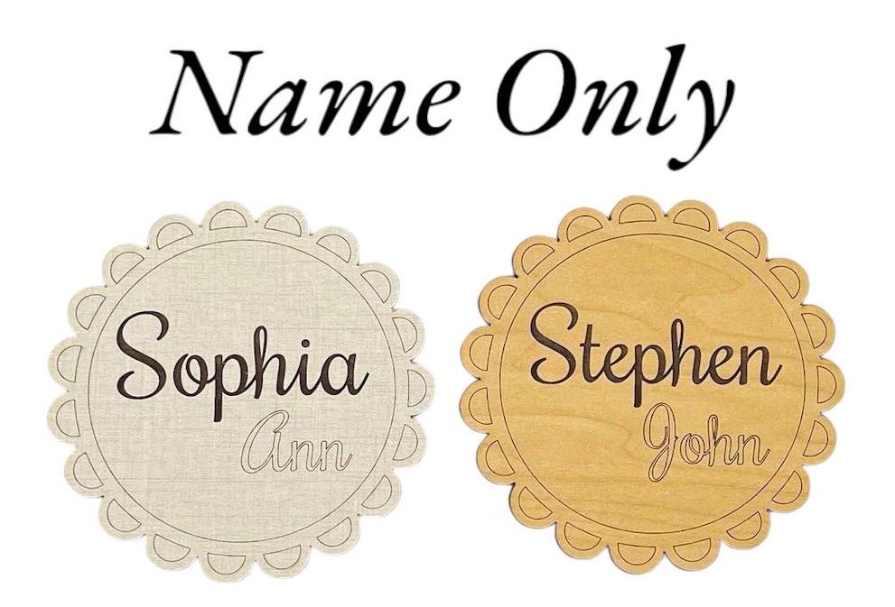 Personalized Baby Birth Announcement Scalloped Edge Round Design Pretty New Baby Hospital Photo Prop Baby Shower Gift Wood Laser Engraved